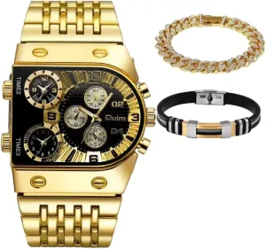reloj de oro Hombre Men's Luxury Big Gold Watch Set with Leather Bracelets, Large Face Chronograph Watch, Cuban Link and Leather Bracelet Gift harm dislike pronounced marble herring Box, 