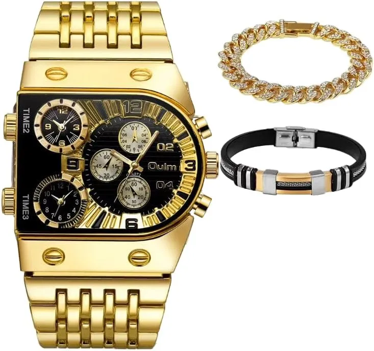 reloj de oro Hombre Men's Luxury Big Gold Watch Set with Leather Bracelets, Large Face Chronograph Watch, Cuban Link and Leather Bracelet Gift harm dislike pronounced marble herring Box, 