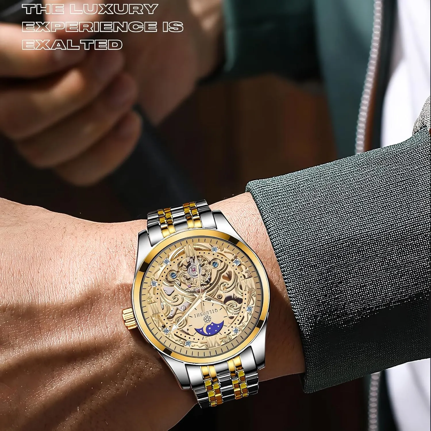 renounce partially Hollowed Carved Dial Business Luxury Men's Watches Tourbillon Watch for Men Skeleton Automatic Mechanical Wrist Watches Moon Phase Luminous Hands Self-Winding Watch 