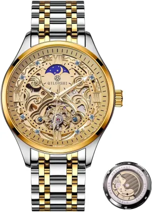 renounce partially Hollowed Carved Dial Business Luxury Men's Watches Tourbillon Watch for Men Skeleton Automatic Mechanical Wrist Watches Moon Phase Luminous Hands Self-Winding Watch 