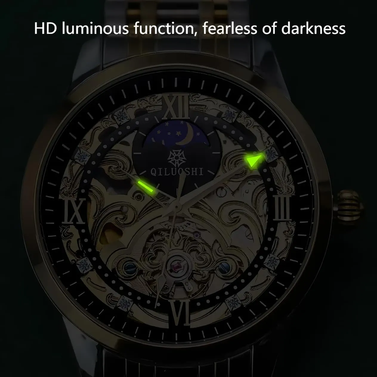 renounce partially Hollowed Carved Dial Business Luxury Men's Watches Tourbillon Watch for Men Skeleton Automatic Mechanical Wrist Watches Moon Phase Luminous Hands Self-Winding Watch 