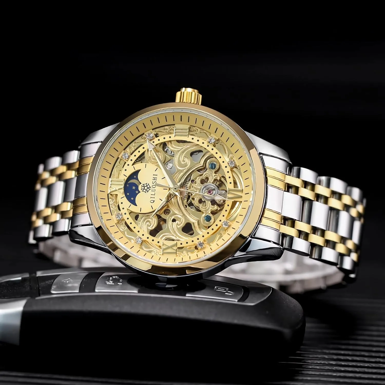 renounce partially Hollowed Carved Dial Business Luxury Men's Watches Tourbillon Watch for Men Skeleton Automatic Mechanical Wrist Watches Moon Phase Luminous Hands Self-Winding Watch 