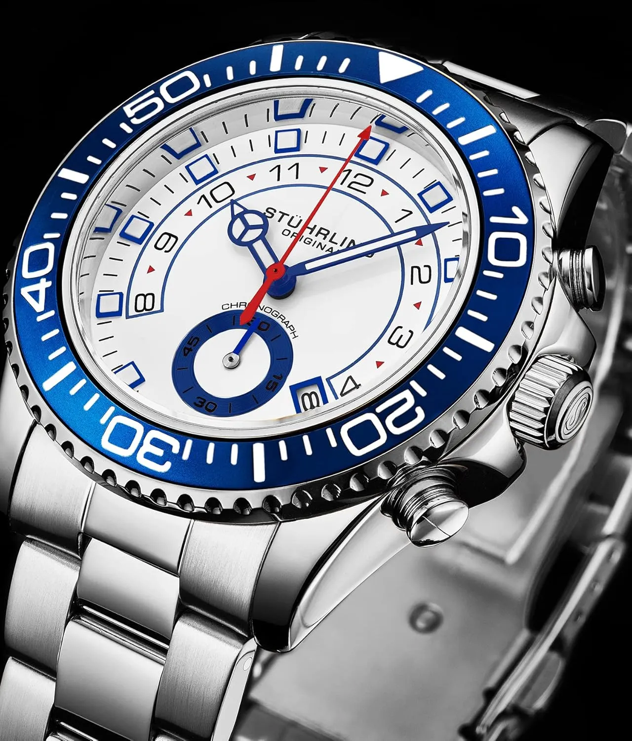 Resistant up to 10 ATM St??hrling Original Men's Chronograph Dive Watch with Stainless Steel Bracelet Quickset Date Screw virgo Down Crown Water 
