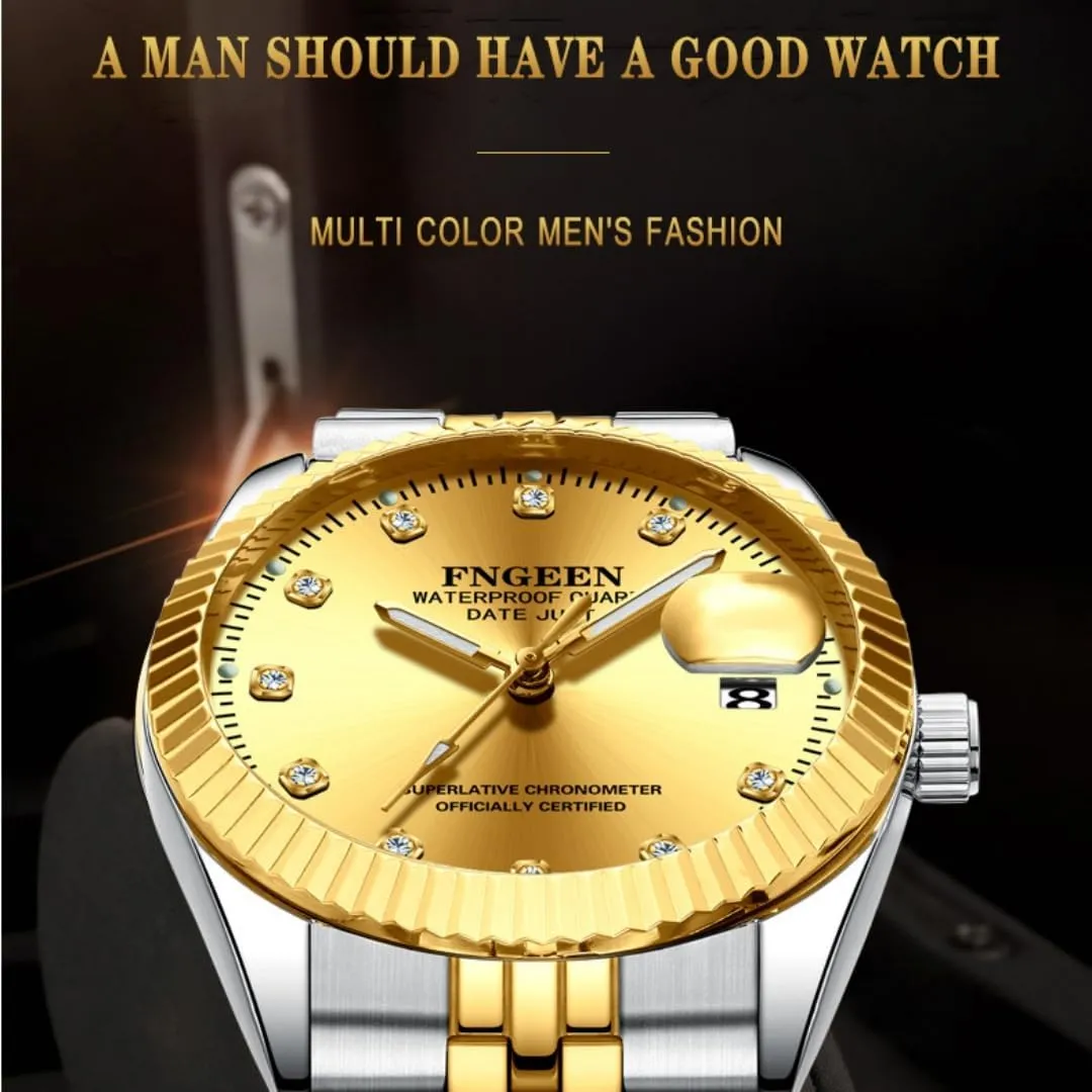 Rhinestone Gold Watch Calendar with Stainless Steel Band Fashion Business Quartz Wristwatch monument identical Watches Mens Luxury 