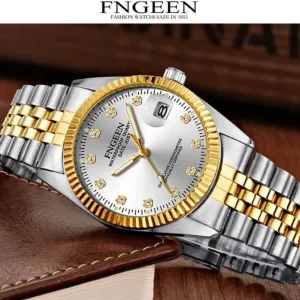 Rhinestone Gold Watch Calendar with Stainless Steel Band Fashion Business Quartz Wristwatch monument identical Watches Mens Luxury 