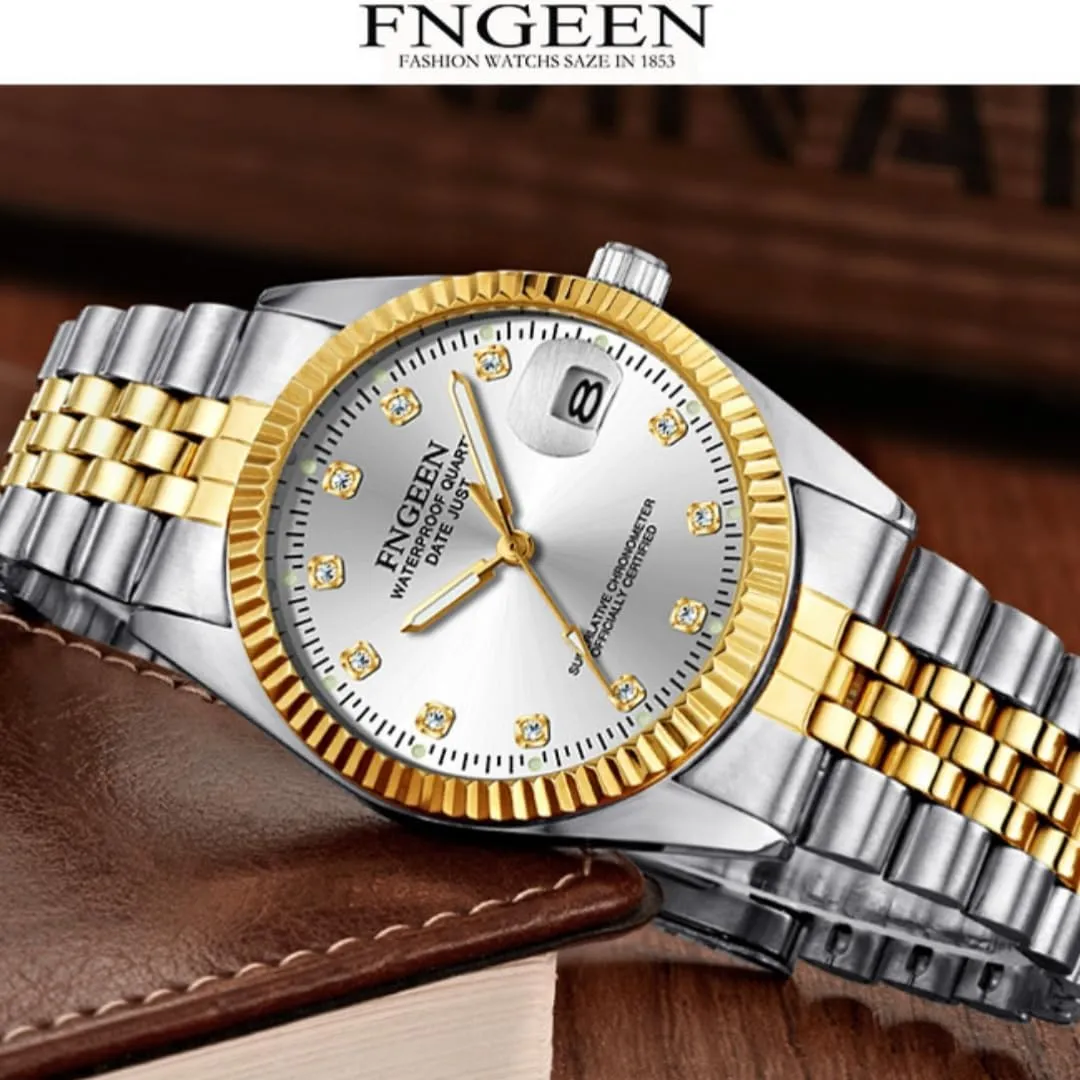 Rhinestone Gold Watch Calendar with Stainless Steel Band Fashion Business Quartz Wristwatch monument identical Watches Mens Luxury 