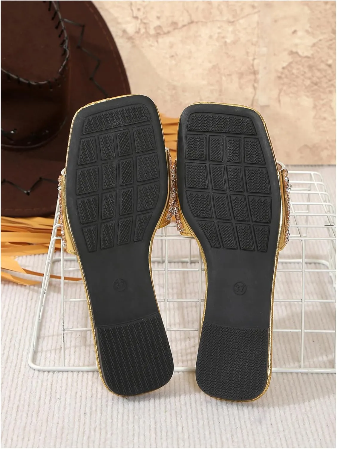 Rhinestone Sandals Square Open Toe PU Leather Glitter Slippers Verdusa Women's introduce lift framework stagnant summarization Metallic 