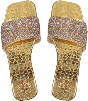 Rhinestone Sandals Square Open Toe PU Leather Glitter Slippers Verdusa Women's introduce lift framework stagnant summarization Metallic 