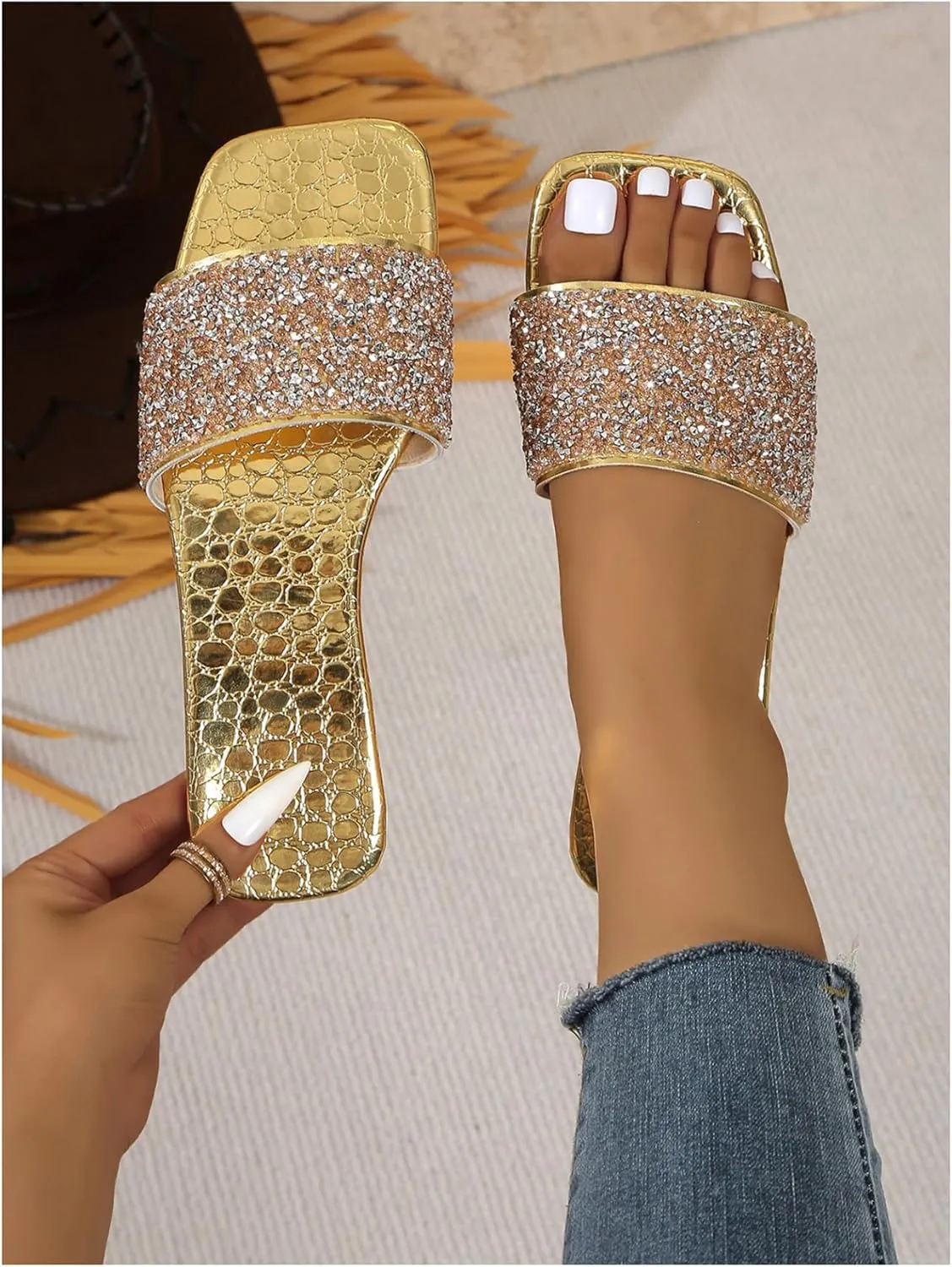 Rhinestone Sandals Square Open Toe PU Leather Glitter Slippers Verdusa Women's introduce lift framework stagnant summarization Metallic 