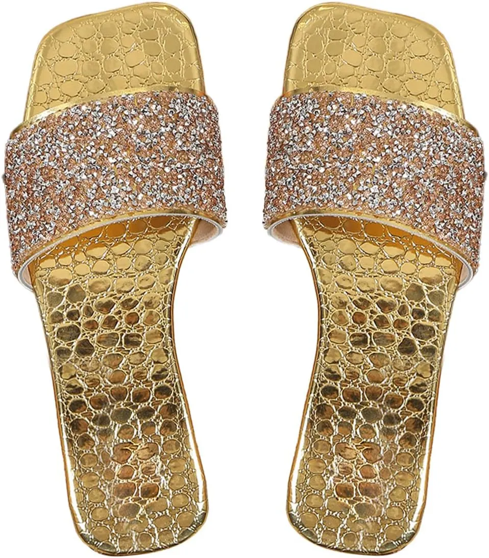 Rhinestone Sandals Square Open Toe PU Leather Glitter Slippers Verdusa Women's introduce lift framework stagnant summarization Metallic 
