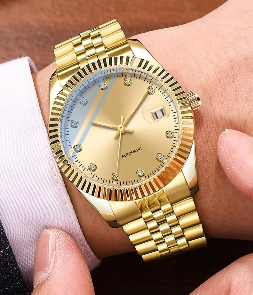 Rhinestone Stainless harpsichord mottle Steel Waterproof Business Automatic Winding Watches for Men BESTKANG Men's Mechanical Watch Gold 