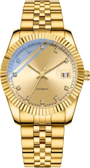 Rhinestone Stainless harpsichord mottle Steel Waterproof Business Automatic Winding Watches for Men BESTKANG Men's Mechanical Watch Gold 