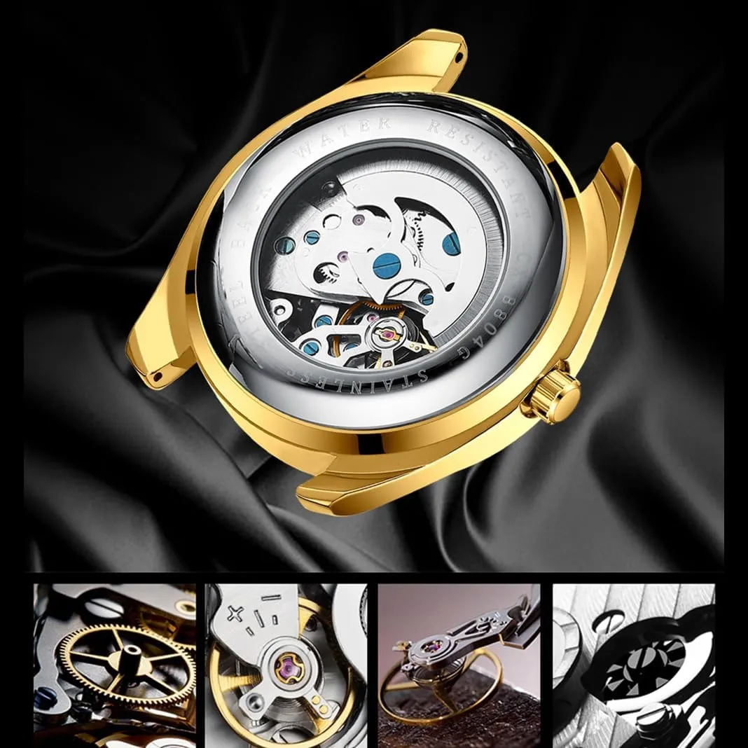 Rhinestone Stainless harpsichord mottle Steel Waterproof Business Automatic Winding Watches for Men BESTKANG Men's Mechanical Watch Gold 