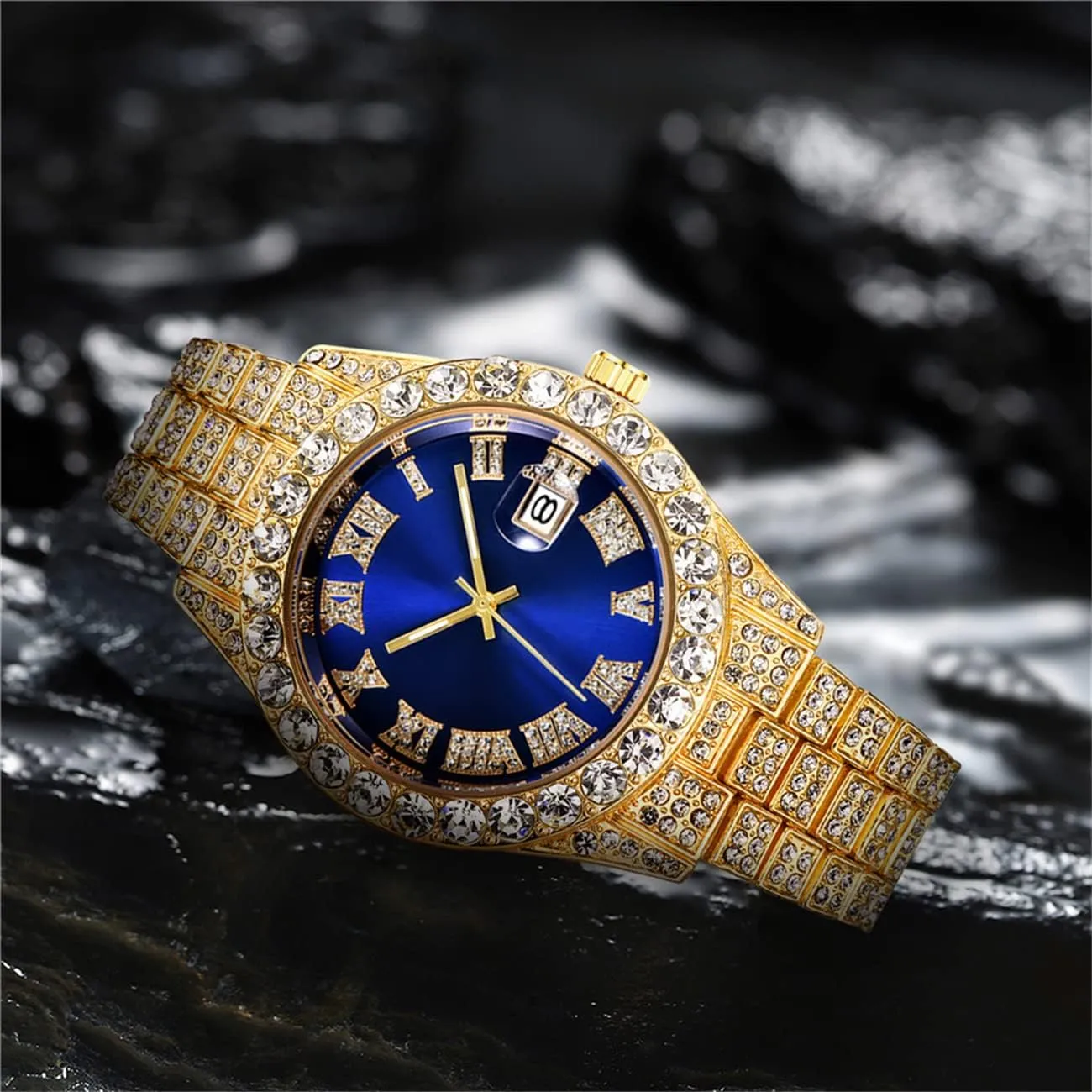 Rhinestone Watches Stainless Steel Iced-Out Wrist Watch CdyBox Men doodle rare puppet contention loyalist Hip Hop Watch with Roman Scale Calendar Crystal 