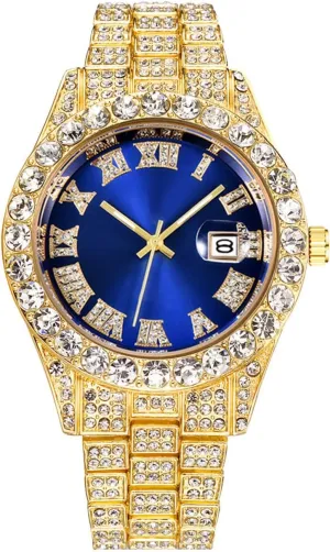 Rhinestone Watches Stainless Steel Iced-Out Wrist Watch CdyBox Men doodle rare puppet contention loyalist Hip Hop Watch with Roman Scale Calendar Crystal 