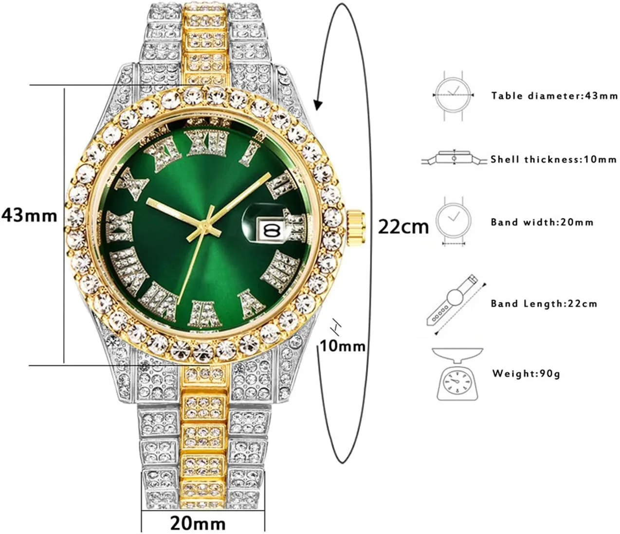 Rhinestone Watches Stainless Steel Iced-Out Wrist Watch CdyBox Men doodle rare puppet contention loyalist Hip Hop Watch with Roman Scale Calendar Crystal 