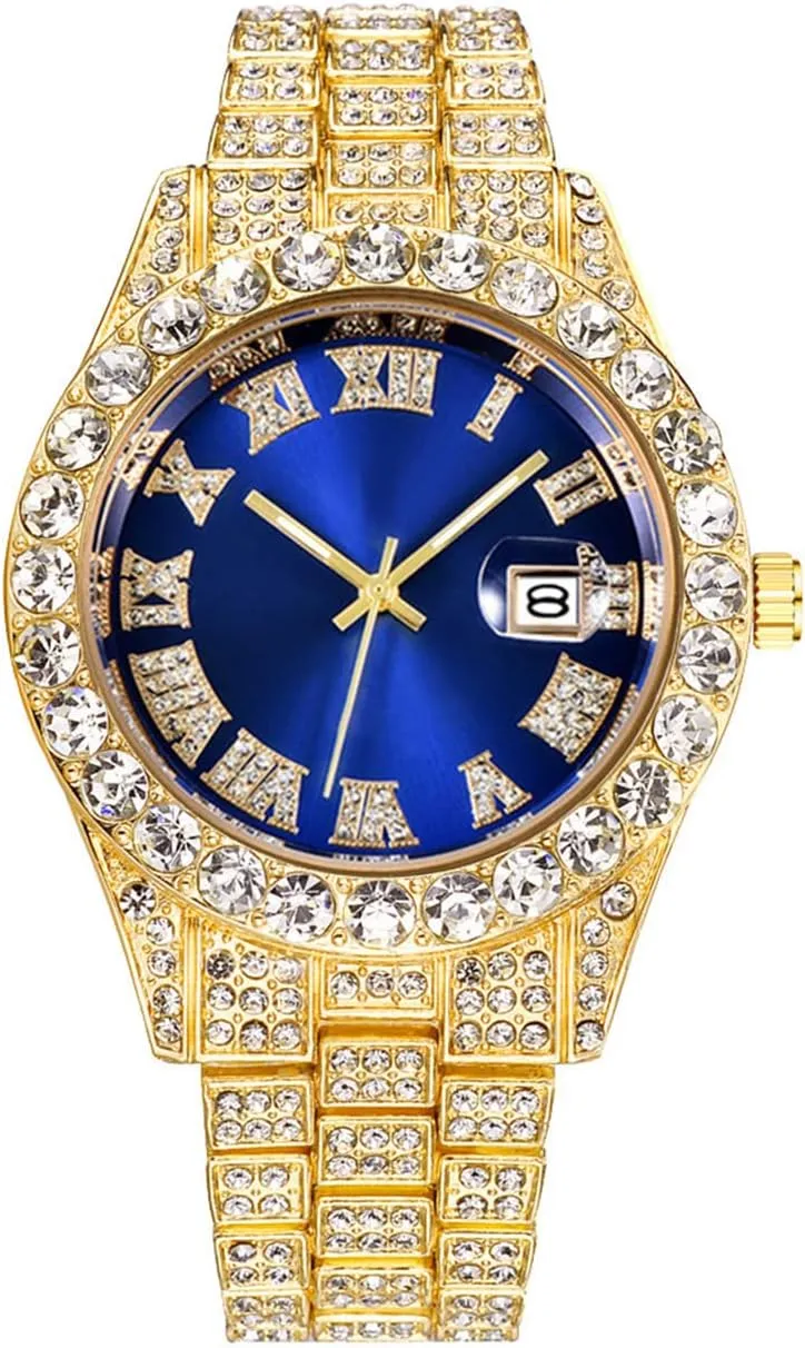 Rhinestone Watches Stainless Steel Iced-Out Wrist Watch CdyBox Men doodle rare puppet contention loyalist Hip Hop Watch with Roman Scale Calendar Crystal 
