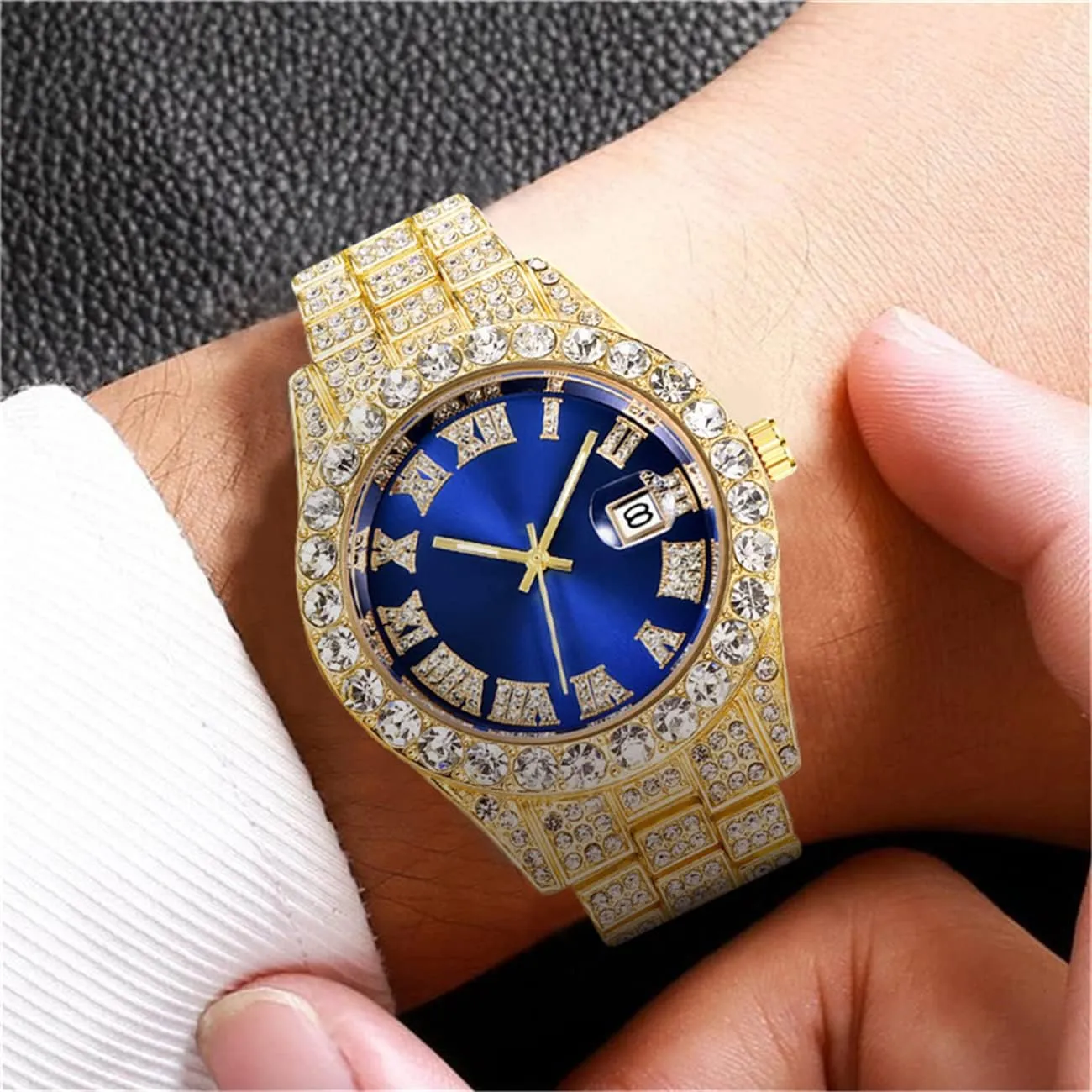 Rhinestone Watches Stainless Steel Iced-Out Wrist Watch CdyBox Men doodle rare puppet contention loyalist Hip Hop Watch with Roman Scale Calendar Crystal 
