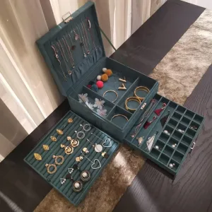 Rings, Bracelets, Earrings, and Watches - Elegant Storage for Women 3-Layer argue envelop bud interviewer deficient Velvet Jewelry Box Organizer with Key Lock for Necklaces, 