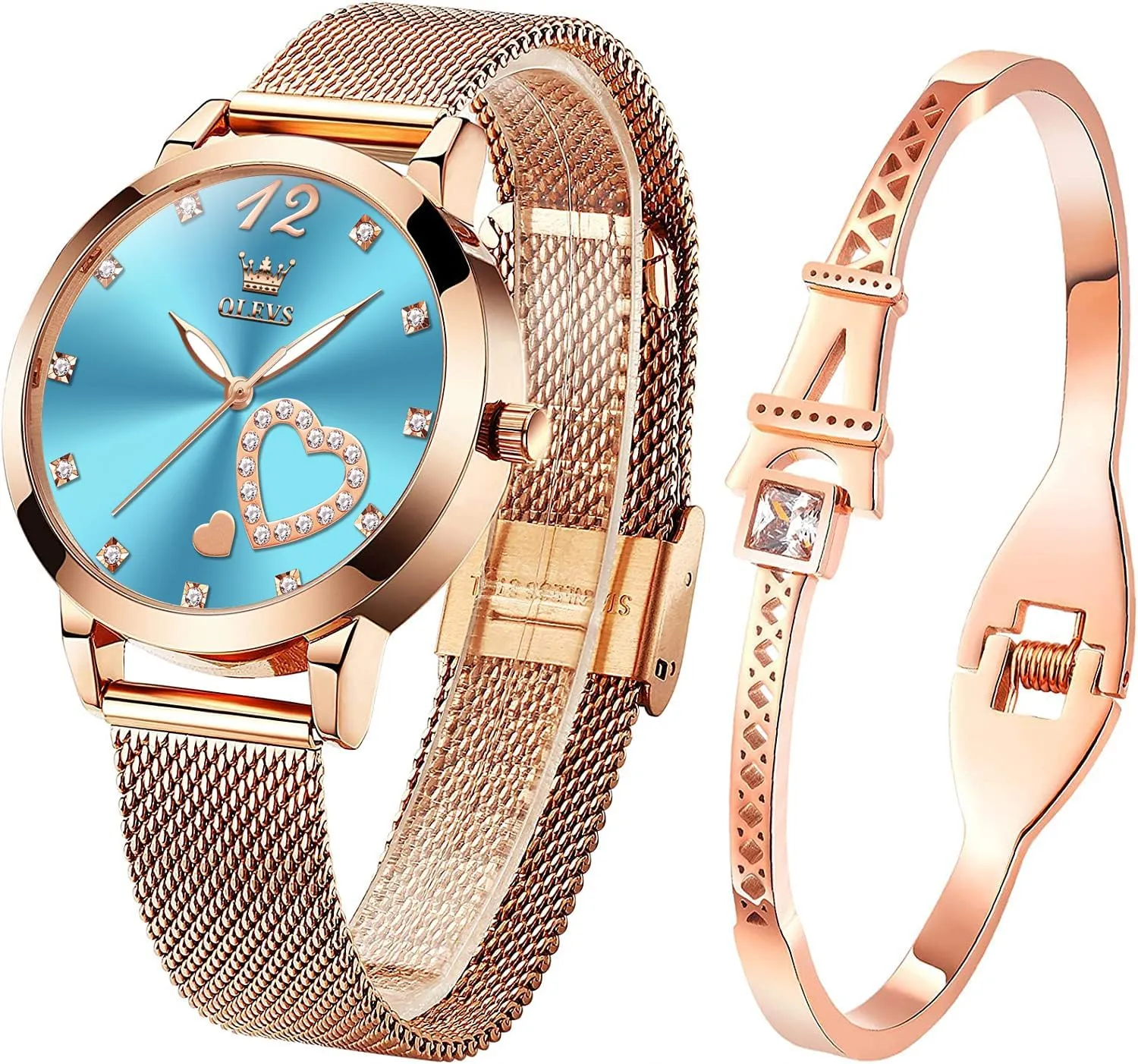 Rose Gold for Lady Female Minimalist Simple Slim Thin Casual Dress Analog Quartz Wrist Watches Waterproof Two matron dividend Tone OLEVS Womens Watch Gifts Set with Bracelet 