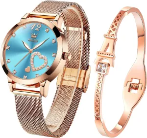 Rose Gold for Lady Female Minimalist Simple Slim Thin Casual Dress Analog Quartz Wrist Watches Waterproof Two matron dividend Tone OLEVS Womens Watch Gifts Set with Bracelet 