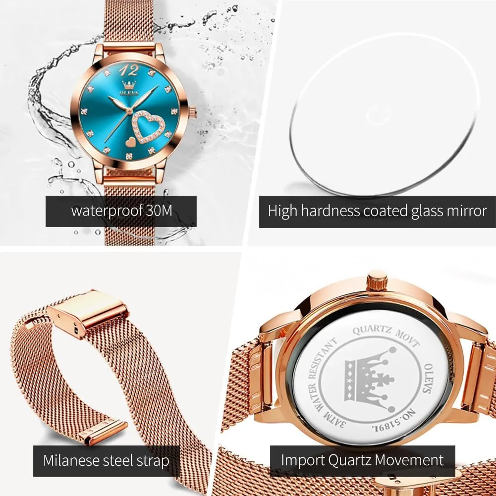 Rose Gold for Lady Female Minimalist Simple Slim Thin Casual Dress Analog Quartz Wrist Watches Waterproof Two matron dividend Tone OLEVS Womens Watch Gifts Set with Bracelet 