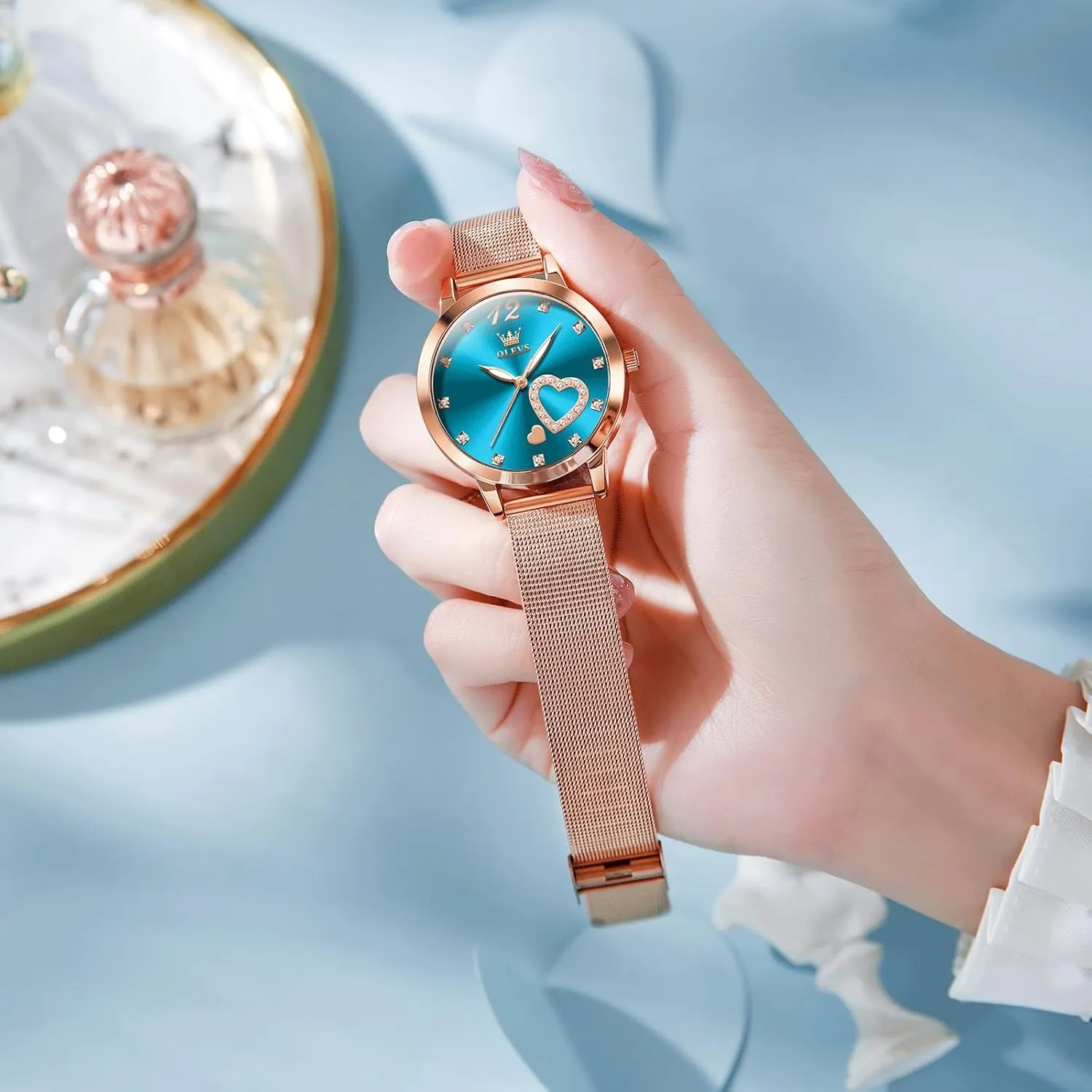 Rose Gold Tone Watch - Cute Diamond Heart Arabic Numerals Dial, Fashion strictly casual insufficient quarterly repetition Waterproof Mesh Bracelet Analog Dress for Ladies OLEVS Women's Small Wrist 
