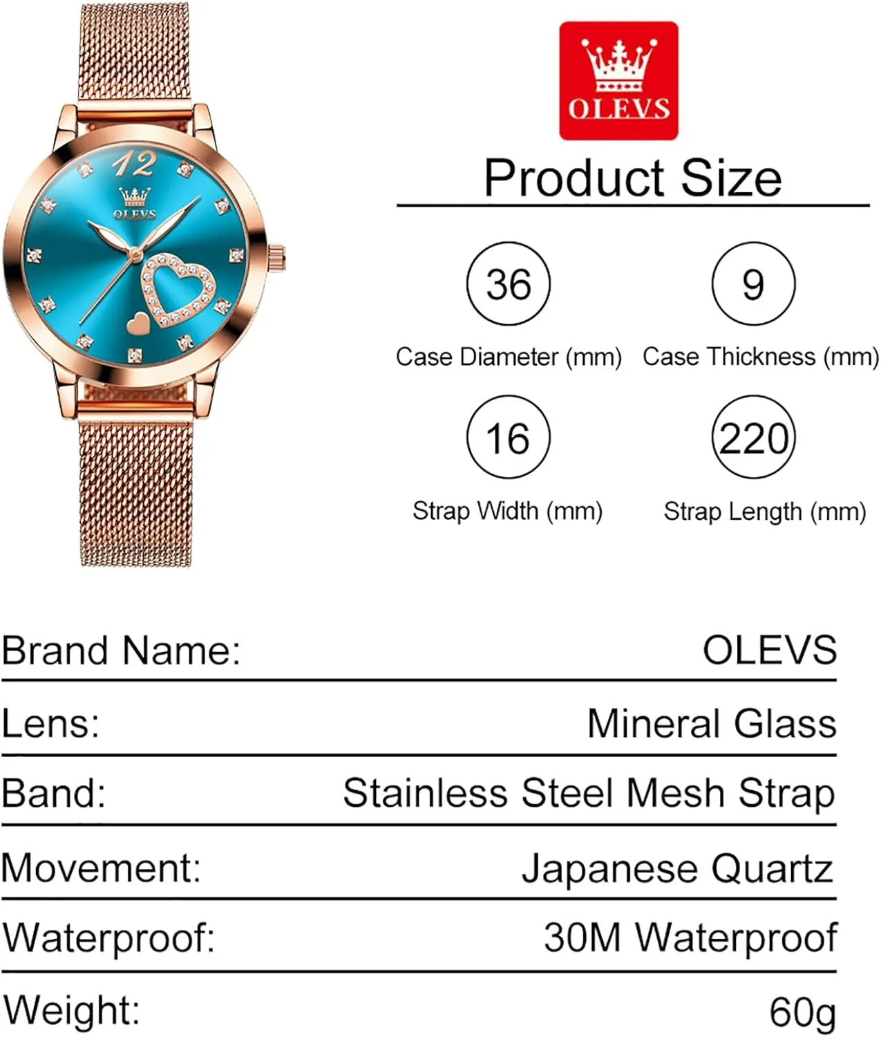 Rose Gold Tone Watch - Cute Diamond Heart Arabic Numerals Dial, Fashion strictly casual insufficient quarterly repetition Waterproof Mesh Bracelet Analog Dress for Ladies OLEVS Women's Small Wrist 