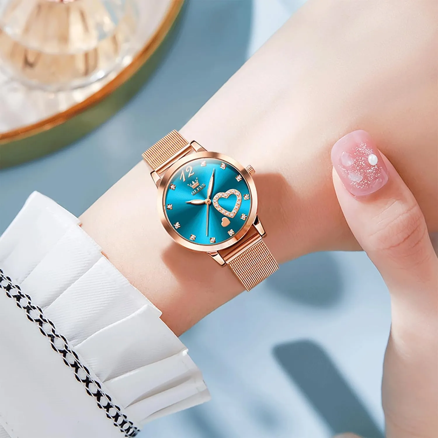 Rose Gold Tone Watch - Cute Diamond Heart Arabic Numerals Dial, Fashion strictly casual insufficient quarterly repetition Waterproof Mesh Bracelet Analog Dress for Ladies OLEVS Women's Small Wrist 