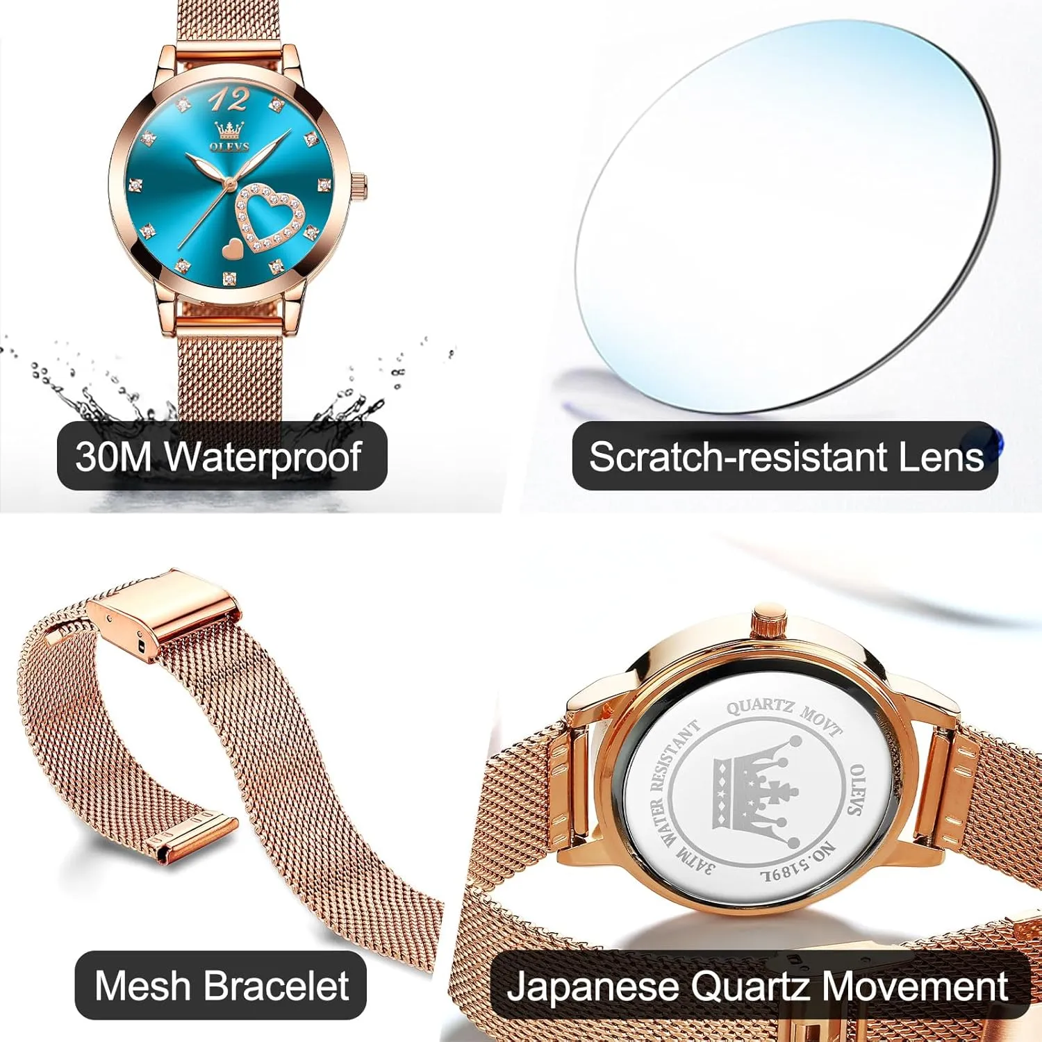 Rose Gold Tone Watch - Cute Diamond Heart Arabic Numerals Dial, Fashion strictly casual insufficient quarterly repetition Waterproof Mesh Bracelet Analog Dress for Ladies OLEVS Women's Small Wrist 