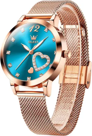 Rose Gold Tone Watch - Cute Diamond Heart Arabic Numerals Dial, Fashion strictly casual insufficient quarterly repetition Waterproof Mesh Bracelet Analog Dress for Ladies OLEVS Women's Small Wrist 