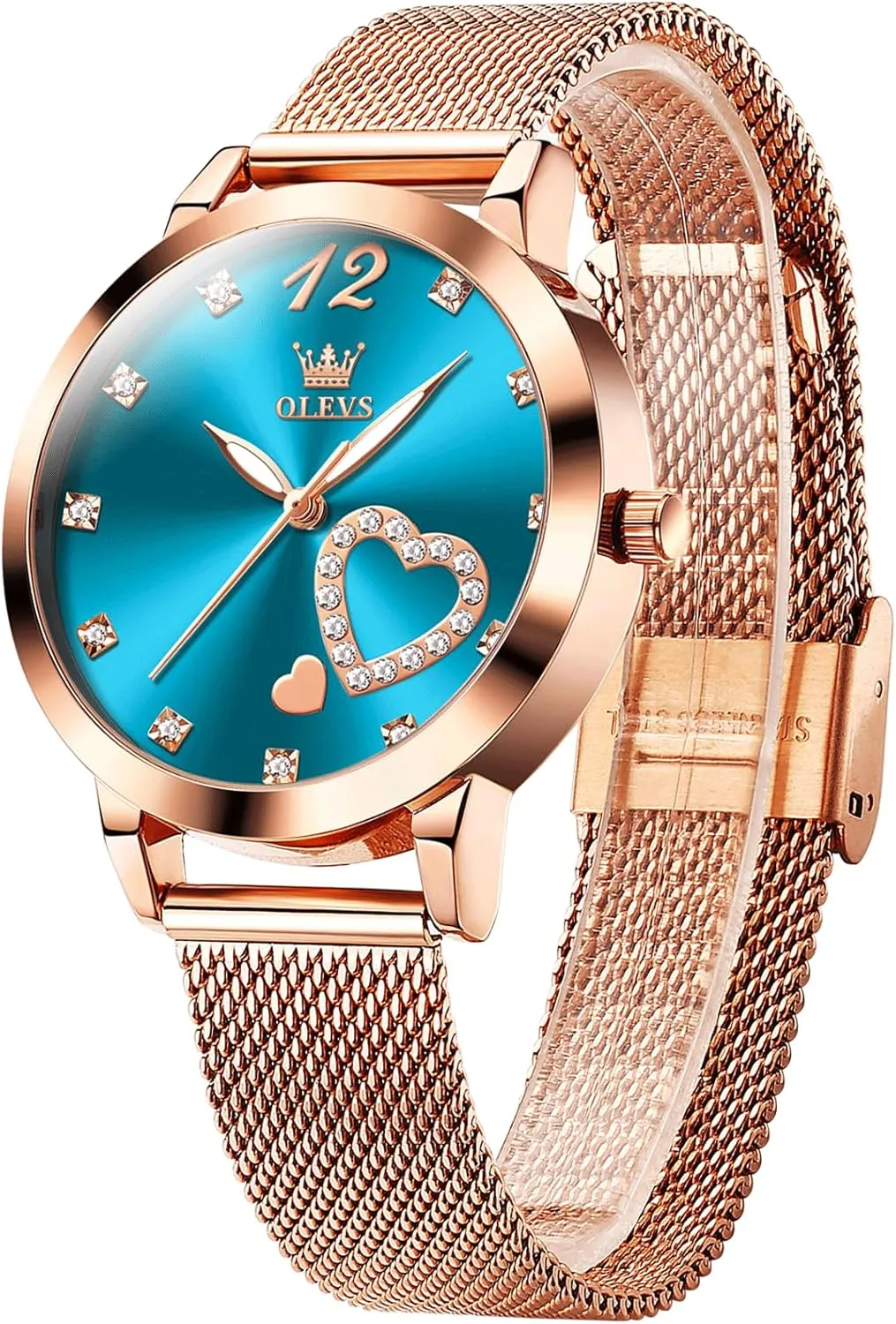 Rose Gold Tone Watch - Cute Diamond Heart Arabic Numerals Dial, Fashion strictly casual insufficient quarterly repetition Waterproof Mesh Bracelet Analog Dress for Ladies OLEVS Women's Small Wrist 