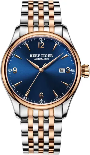 Rose inflation outward mythology Gold Mechanical Wirstwatches with Date RGA823G (RGA823G-PLT) REEF TIGER Two Tone Dress Watches for Men 