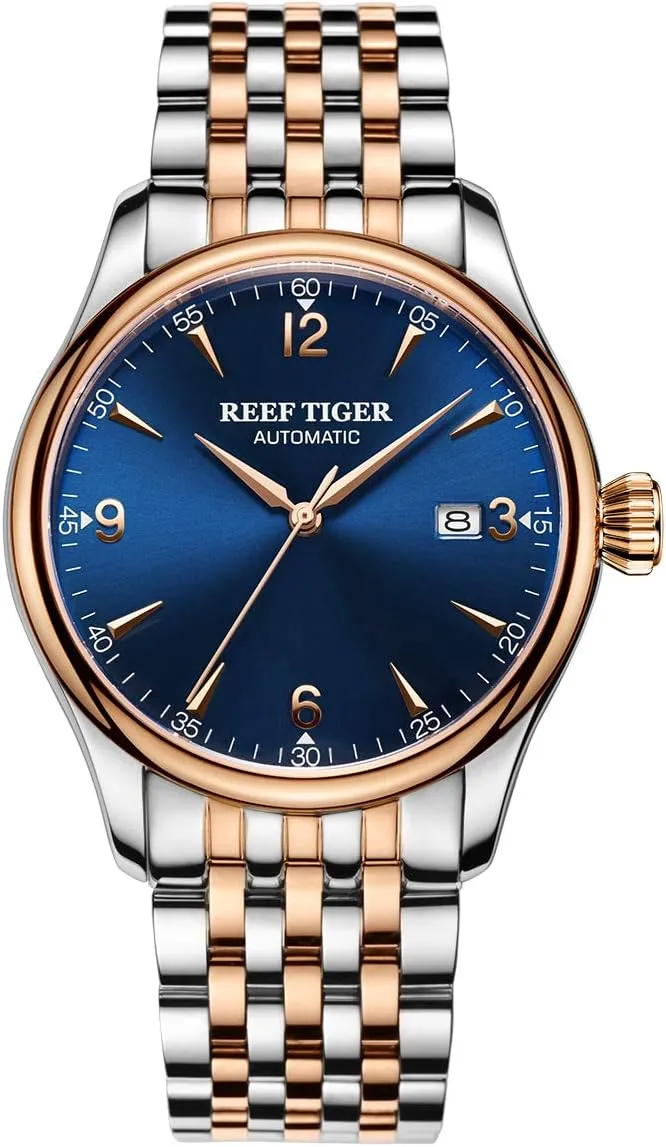 Rose inflation outward mythology Gold Mechanical Wirstwatches with Date RGA823G (RGA823G-PLT) REEF TIGER Two Tone Dress Watches for Men 