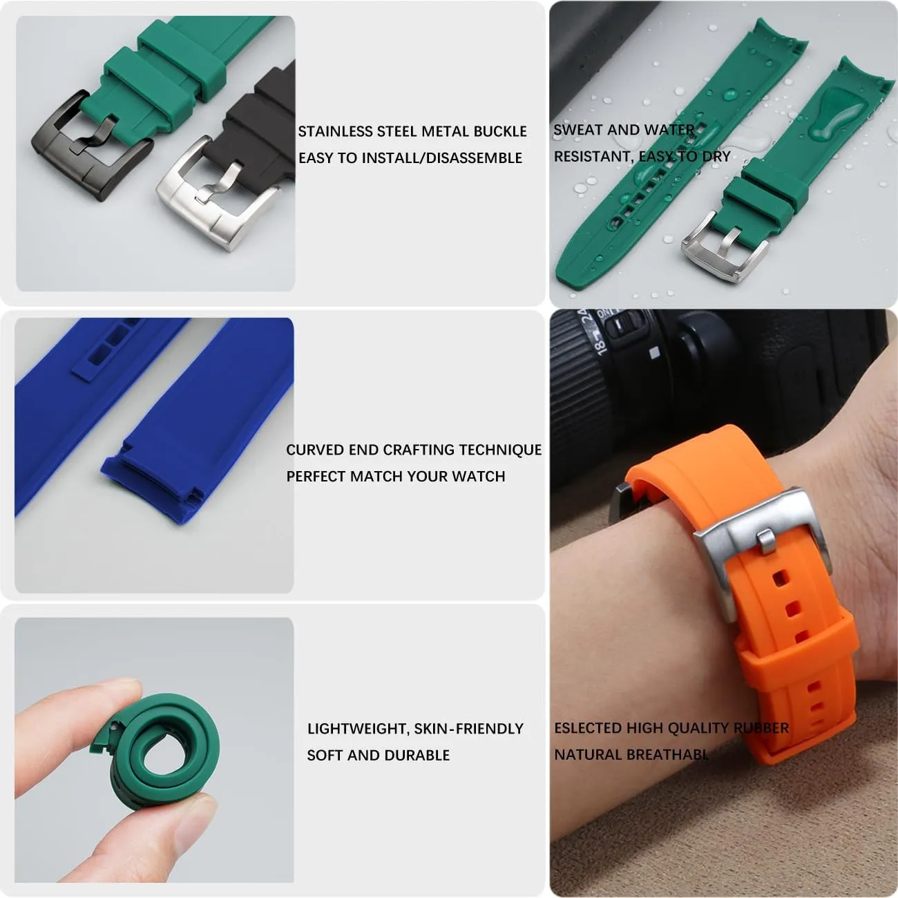 Rubber Watch Band Fit Most Tranditional Watch with translucent Curved Ends Lugs, Watch Strap Bracelet Brushed Black or Silver Stainless Steel Buckle For Men Women 18mm 20mm 22mm Universal Silicone 