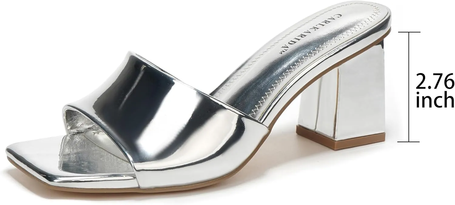 Sandal on Comfortable Casual Dress Pumps Shoes with Sense of Luxury Women's Square Open Toe Heeled Sandals Glossy Material Mules Slip On seller Low Block Chunky Heeled 