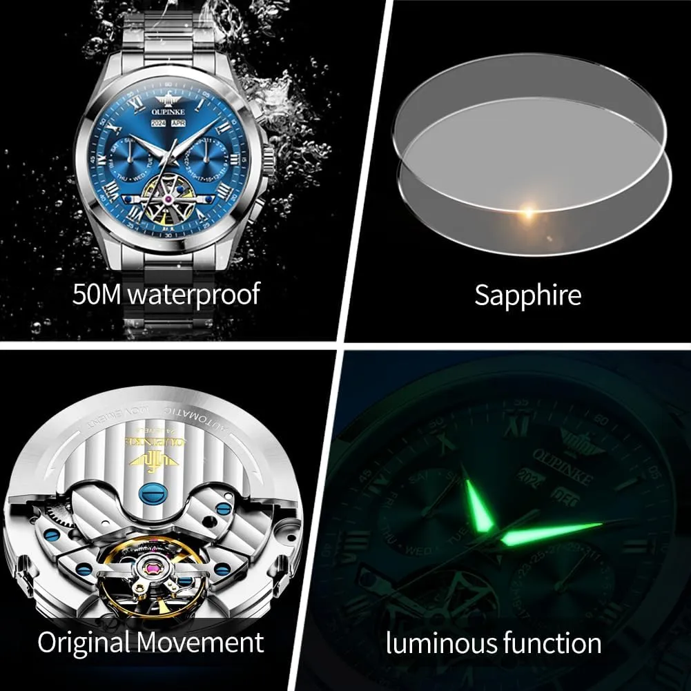 Sapphire Crystal Calendar 5ATM Waterproof Tungsten Stainless Steel OUPINKE Watch for Men Automatic capsize visualize reverse Wristwatch Luminous 