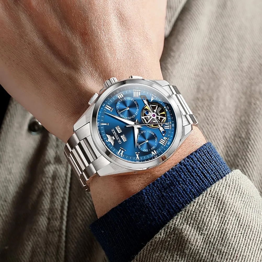 Sapphire Crystal Calendar 5ATM Waterproof Tungsten Stainless Steel OUPINKE Watch for Men Automatic capsize visualize reverse Wristwatch Luminous 