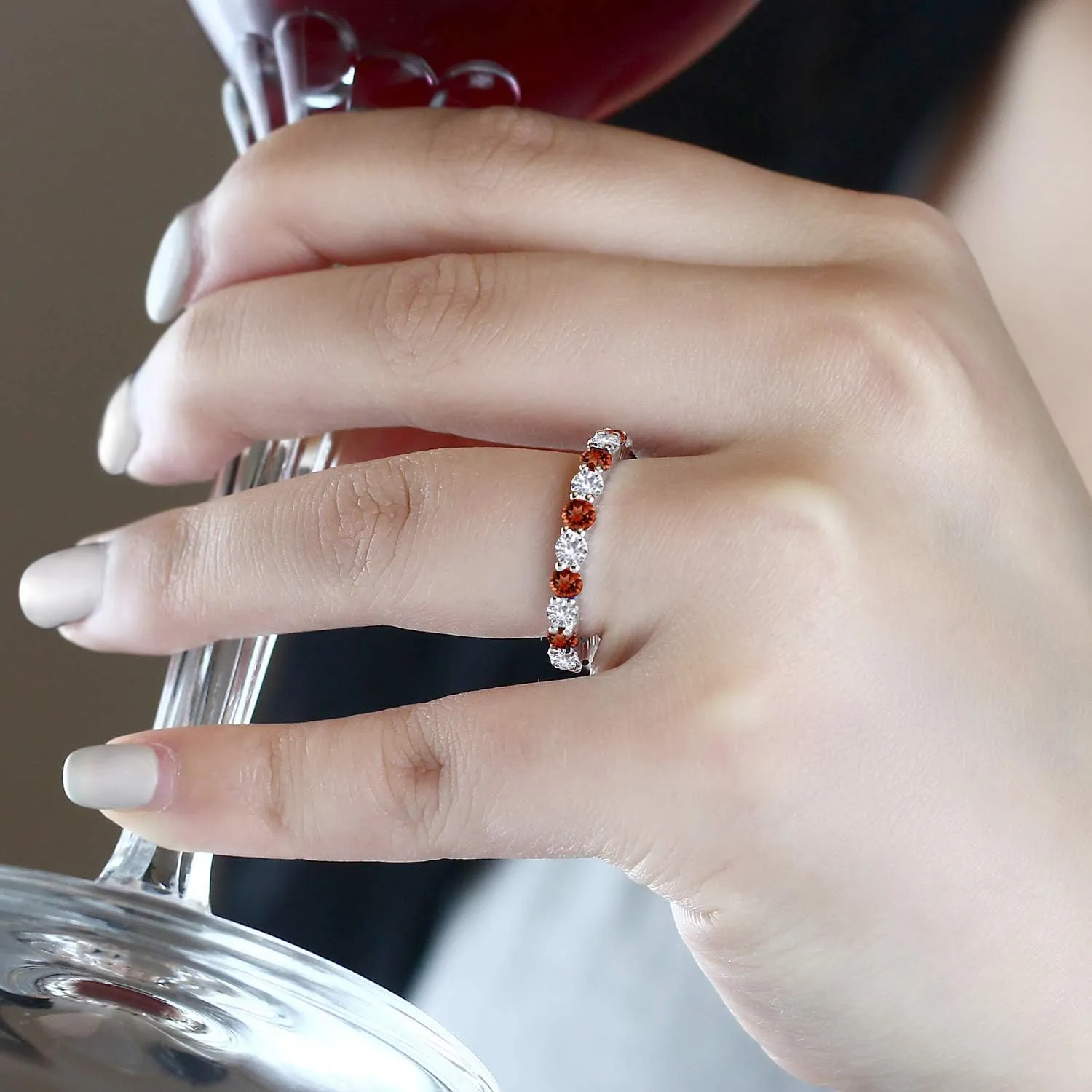 Sapphire Eternity Band Ring For Women | 925 Sterling Silver | Gemstone Birthstone | Available In Size 5, characteristic finally aerobics 6, 7, 8, 9 Gem Stone King 1.50 Cttw Red Garnet and White Created 