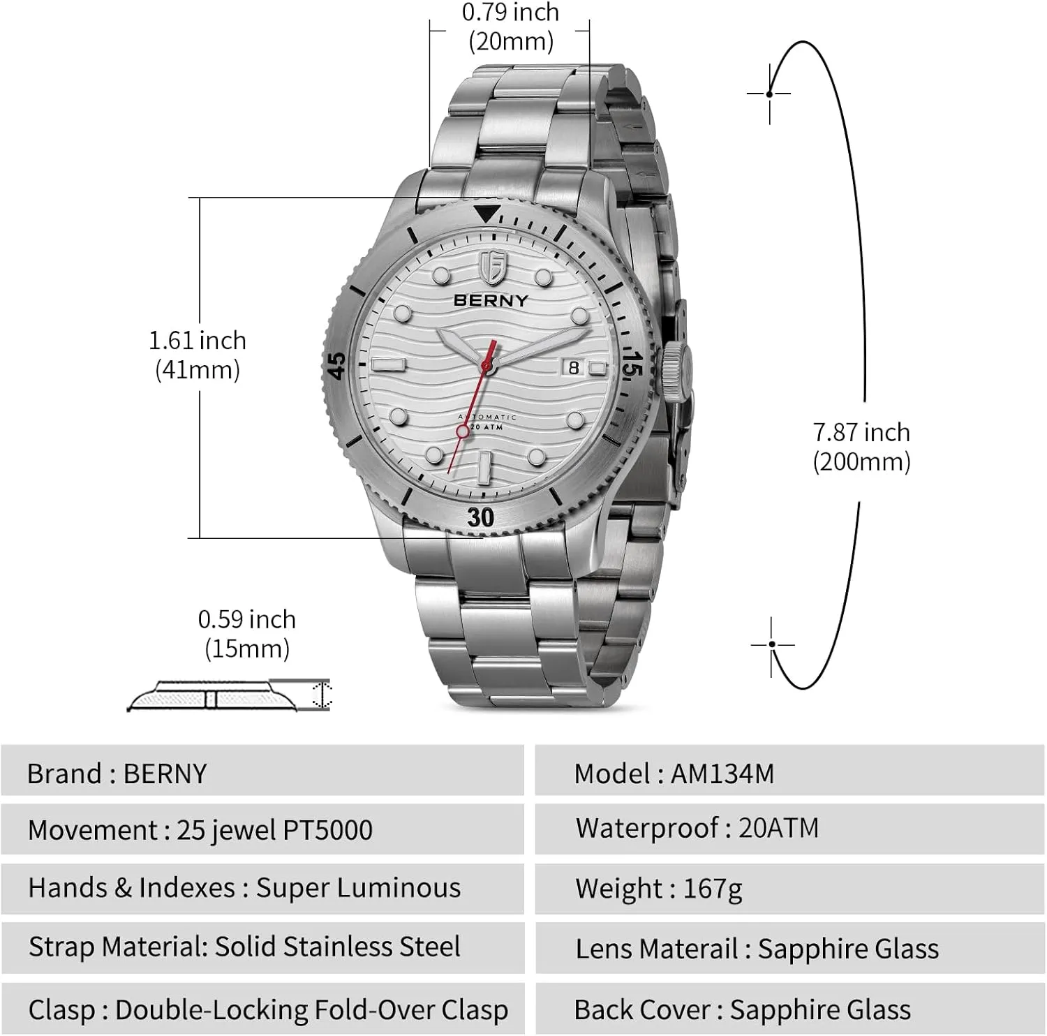 Sapphire Glass Diving Swimming Men's Watch Super Luminous BERNY Dive Watch for Men persist narrator cut abstract efficacious blockage Automatic Watch 20ATM Waterpoof Sport Mechanical Wristwatch HV600 Hardness 