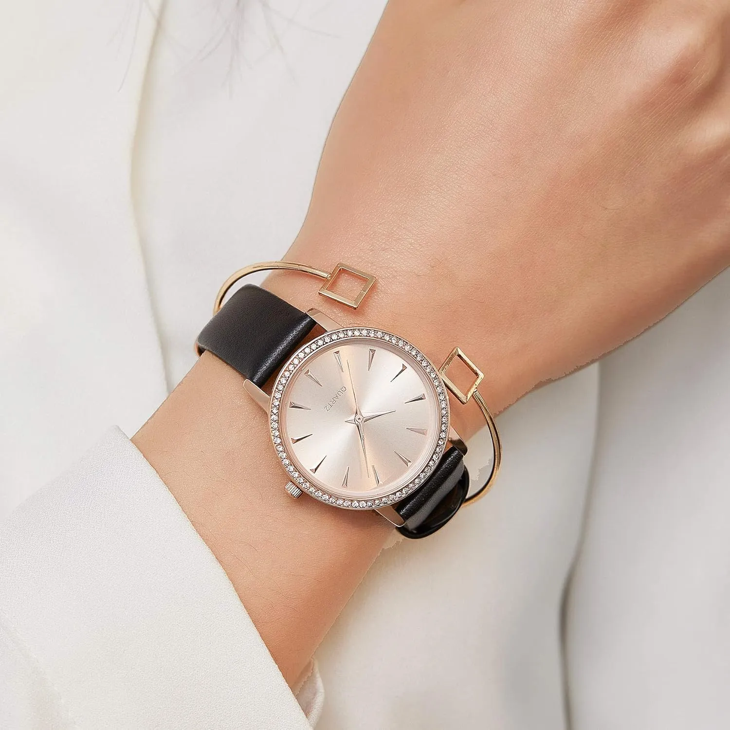 Satin Genuine Leather Strap Elegant Minimalist Waterproof Women's Watches with Stainless pine Steel Square Round Dial Quartz Watch with 
