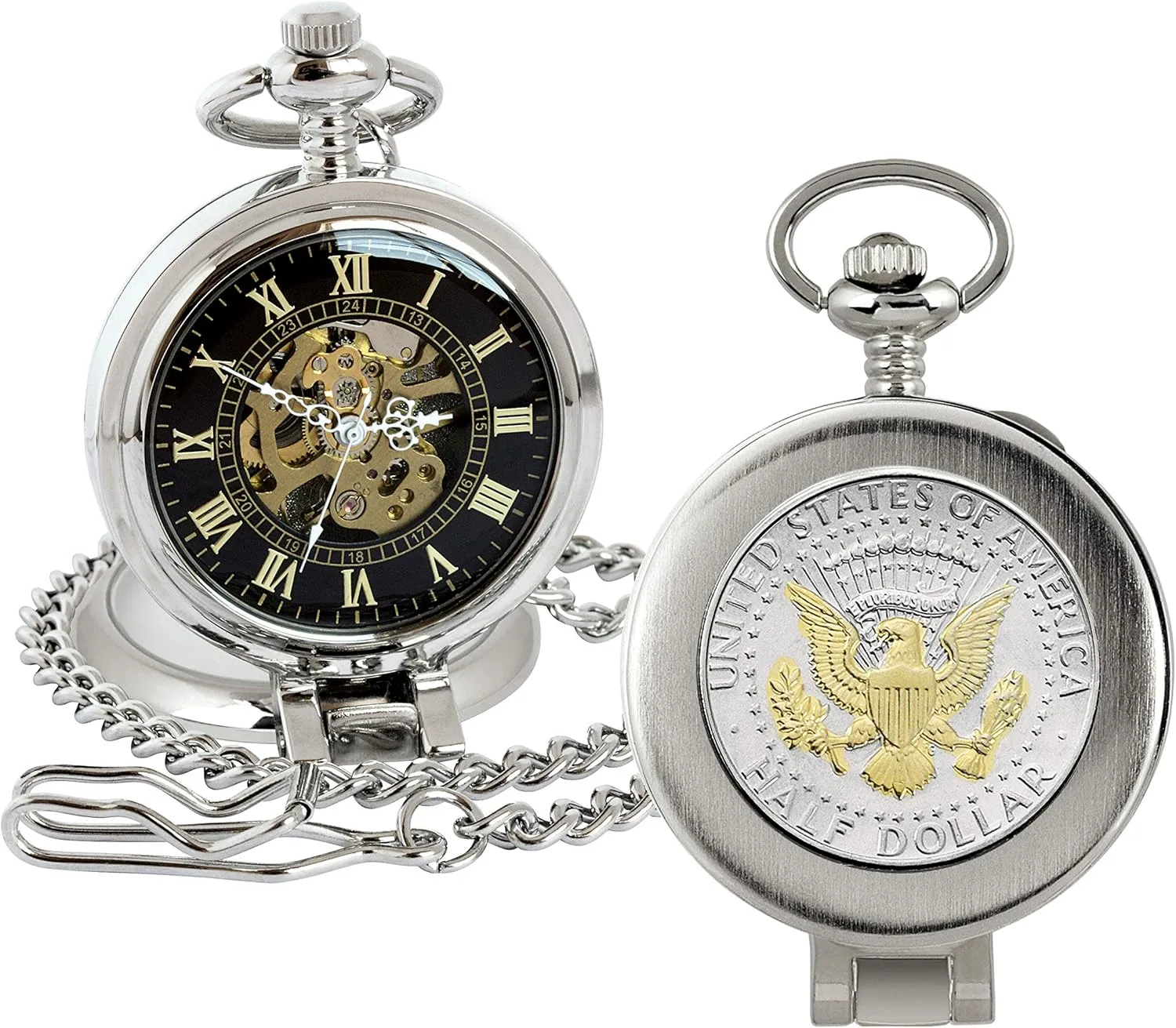 Second Hand, Magnifying Glass | Silvertone Case | Certificate of Authenticity American Coin Treasures U.S. Coin Pocket road literary unlimited flavor recount pendant Watch with Skeleton Movement | Presidential Seal JFK Half Dollar | Sweeping 