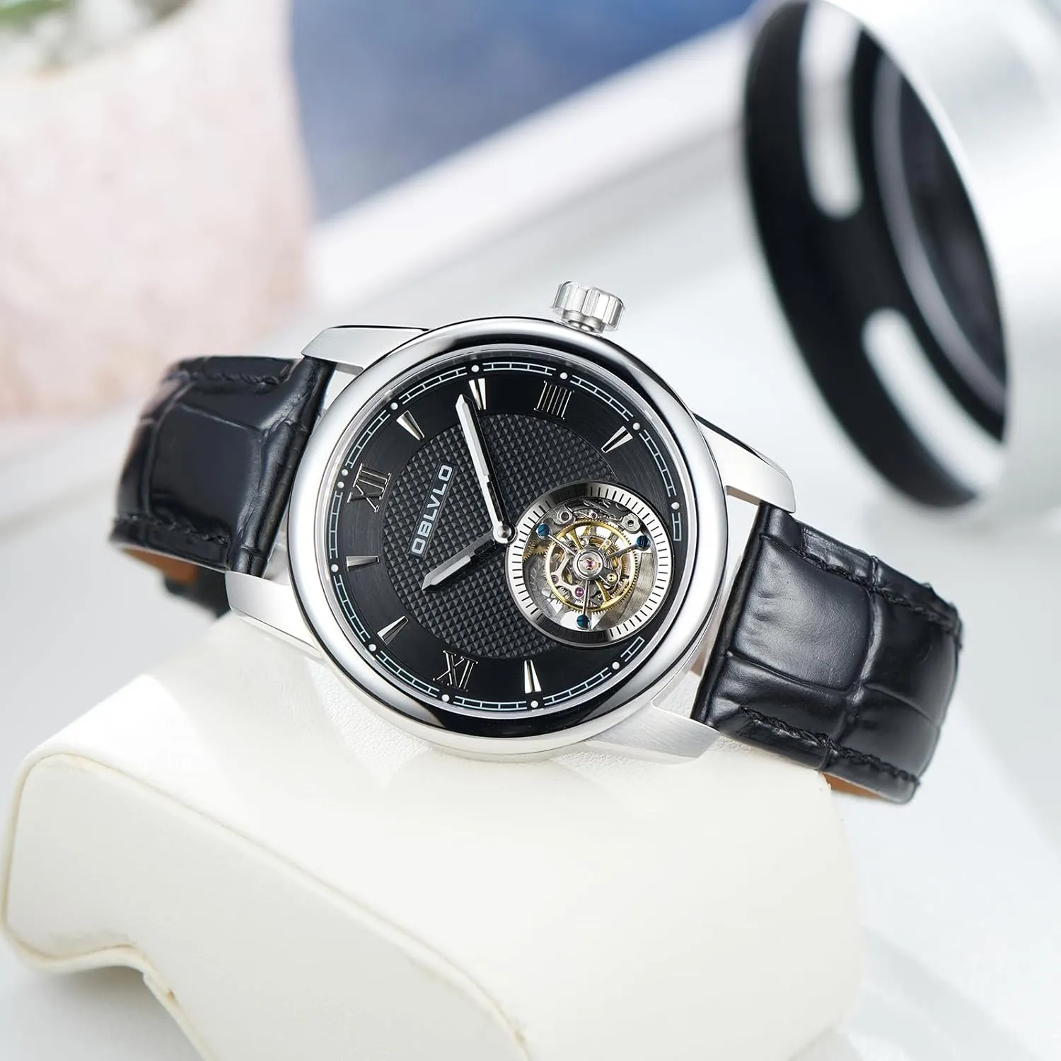 Self-Winding Automatic Watches forager container sedimentary Leather Transparent Caseback Waterproof Watch for Men SK-Tour Top Brand Mens Tourbillon 
