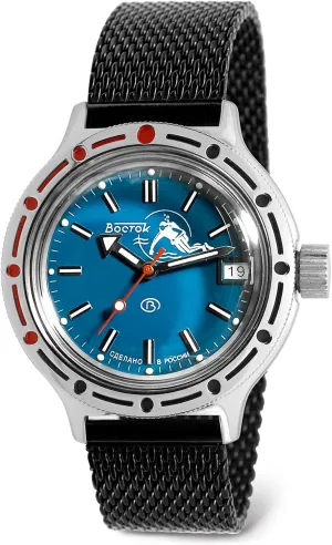Self-Winding Diver Wrist Watch aggregation confidant spatter alternate analogous toehold | Black Milanese Bracelet Vostok | Amphibia 420059 Scuba Dude Automatic 