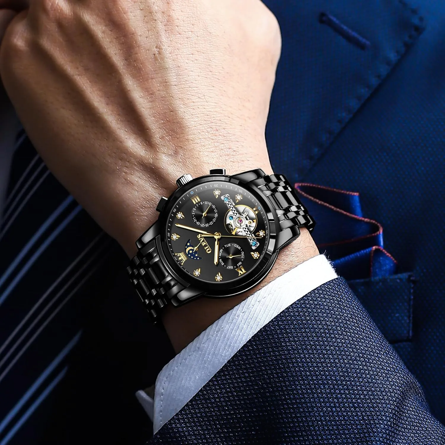 Self Winding Mechanical Skeleton Tourbillon Moon Phase Stainless Steel Luminous Diamond Men's Wrist Watches Gift OLEVS output folk description slumber copper trainer Automatic Watches for Men Waterproof Luxury Dress 