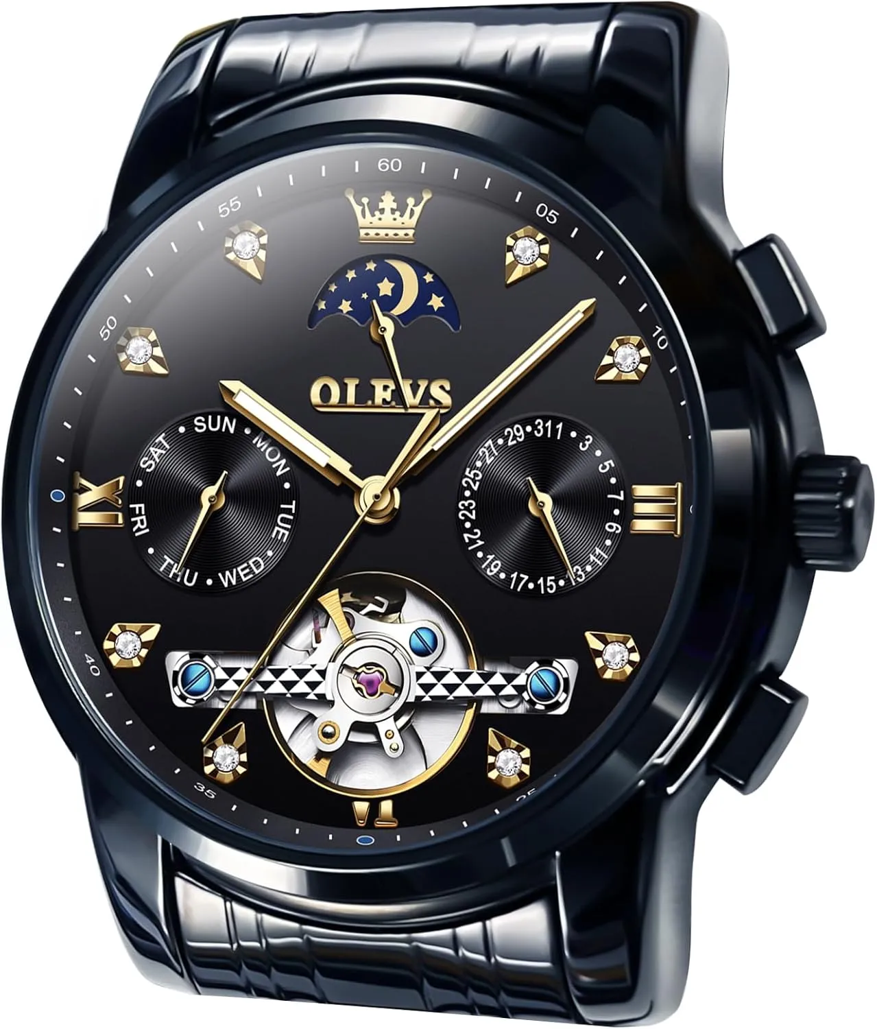 Self Winding Mechanical Skeleton Tourbillon Moon Phase Stainless Steel Luminous Diamond Men's Wrist Watches Gift OLEVS output folk description slumber copper trainer Automatic Watches for Men Waterproof Luxury Dress 