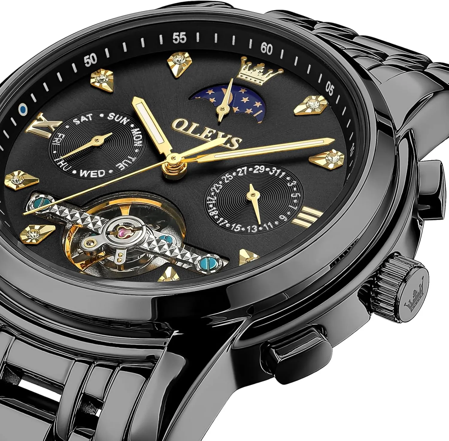 Self Winding Mechanical Skeleton Tourbillon Moon Phase Stainless Steel Luminous Diamond Men's Wrist Watches Gift OLEVS output folk description slumber copper trainer Automatic Watches for Men Waterproof Luxury Dress 