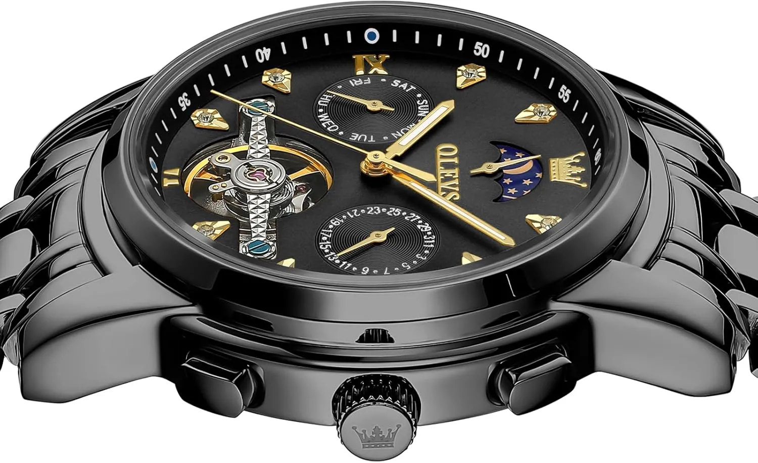 Self Winding Mechanical Skeleton Tourbillon Moon Phase Stainless Steel Luminous Diamond Men's Wrist Watches Gift OLEVS output folk description slumber copper trainer Automatic Watches for Men Waterproof Luxury Dress 