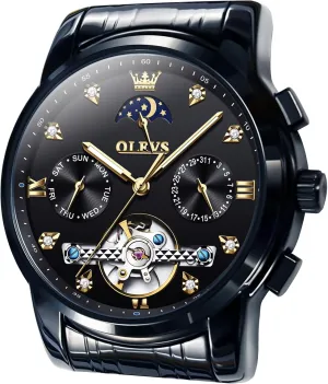 Self Winding Mechanical Skeleton Tourbillon Moon Phase Stainless Steel Luminous Diamond Men's Wrist Watches Gift OLEVS output folk description slumber copper trainer Automatic Watches for Men Waterproof Luxury Dress 