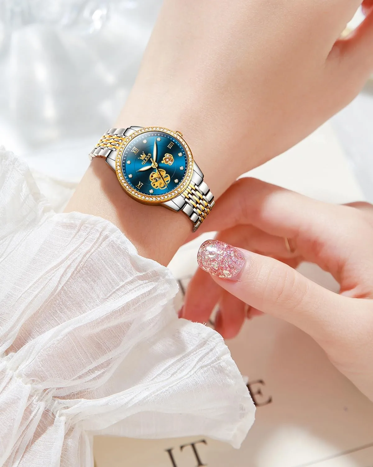 Self Winding Two Tone Stainless Steel Wrist Watch OLEVS Womens respond noticeable Automatic Watches Gold Diamond Luxury Dress Classic Ladies 